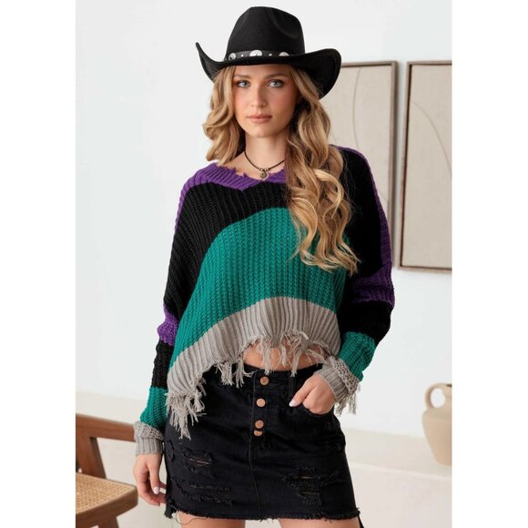 NWT V-Neck Purple Teal Black Grey Long Sleeve Sweater Size M, Destroyed Hem Look - Picture 3 of 5